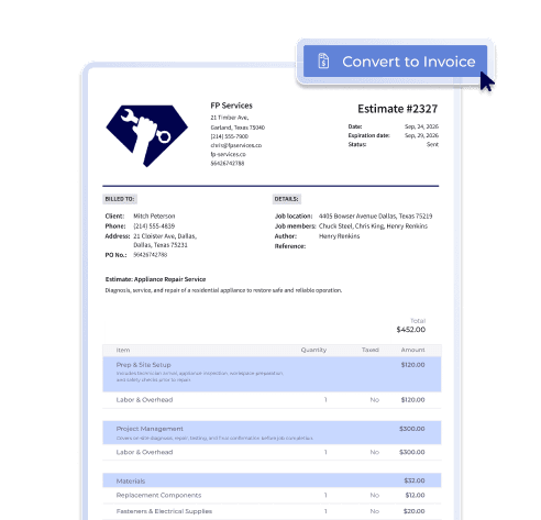 Appliance repair estimate view showing line items for labor and materials with an option to convert the estimate into an invoice