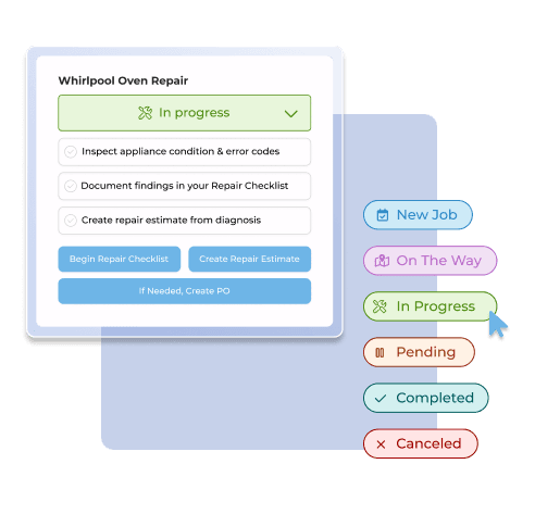 Appliance repair job workflow showing an in-progress repair with diagnostic checklist steps, repair actions, and job status options