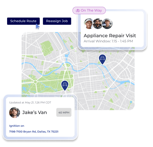 Dispatch map view showing an appliance repair visit en route, technician vehicle location, arrival window, and route scheduling options