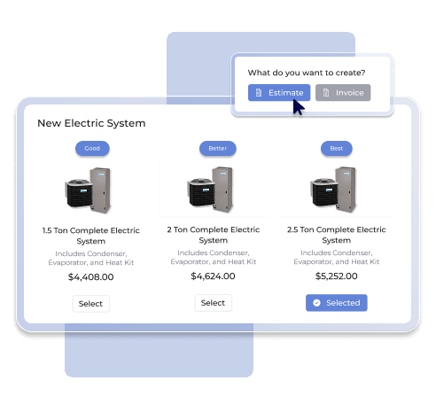 Electrical estimate creation screen with system options and pricing tiers