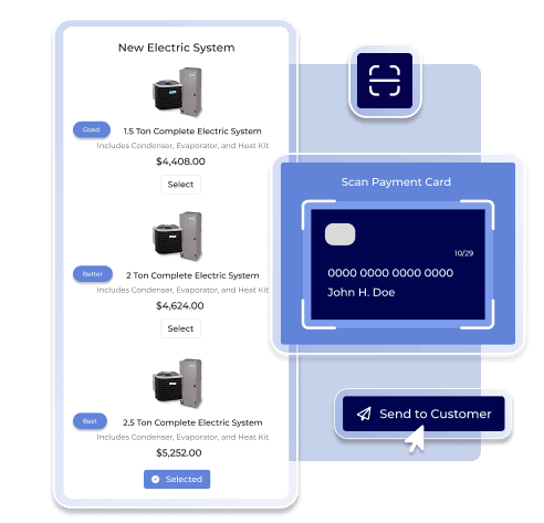 Electrical technician mobile app showing estimate selection and payment capture