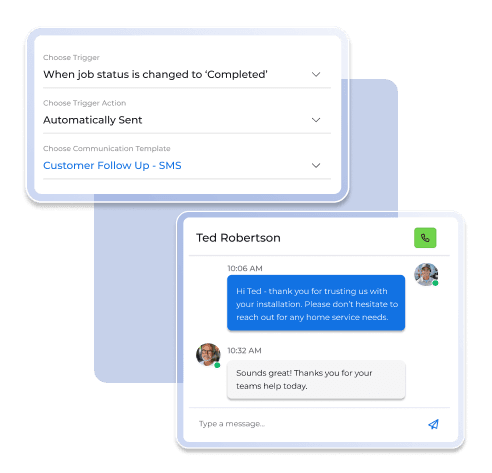 Automation trigger setup for completed jobs with automated SMS follow-up and customer messaging conversation view.