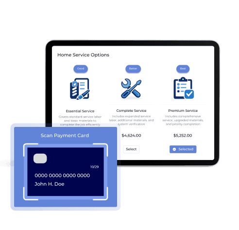 Service options selection screen with good, better, best packages and integrated card scanning for customer payment collection.