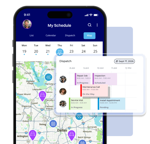 Field service mobile app showing map-based schedule, dispatch timeline, and technician routes for service and install appointments.