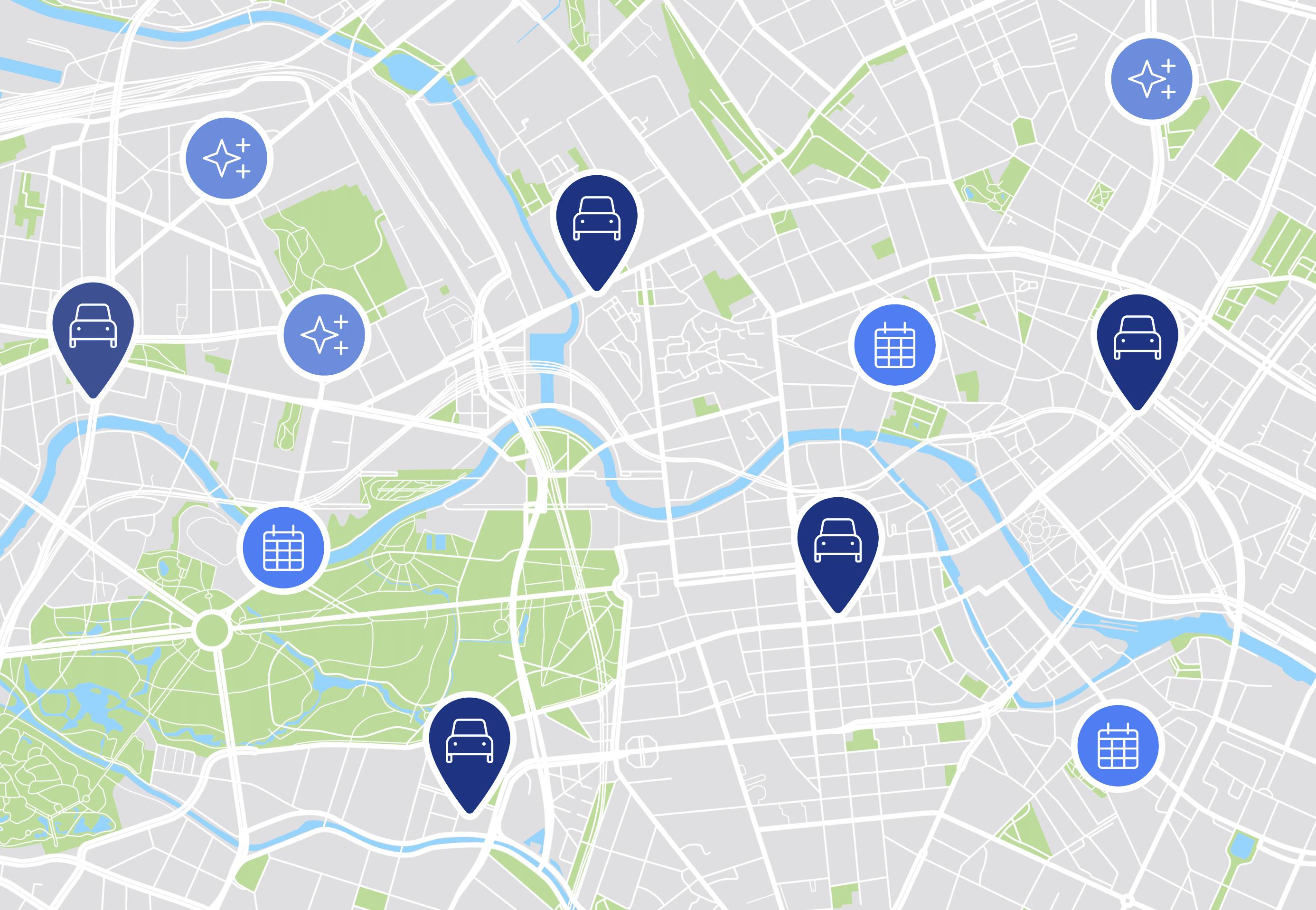 Illustration of a map view showing field worker tracking like in the FieldPulse platform.