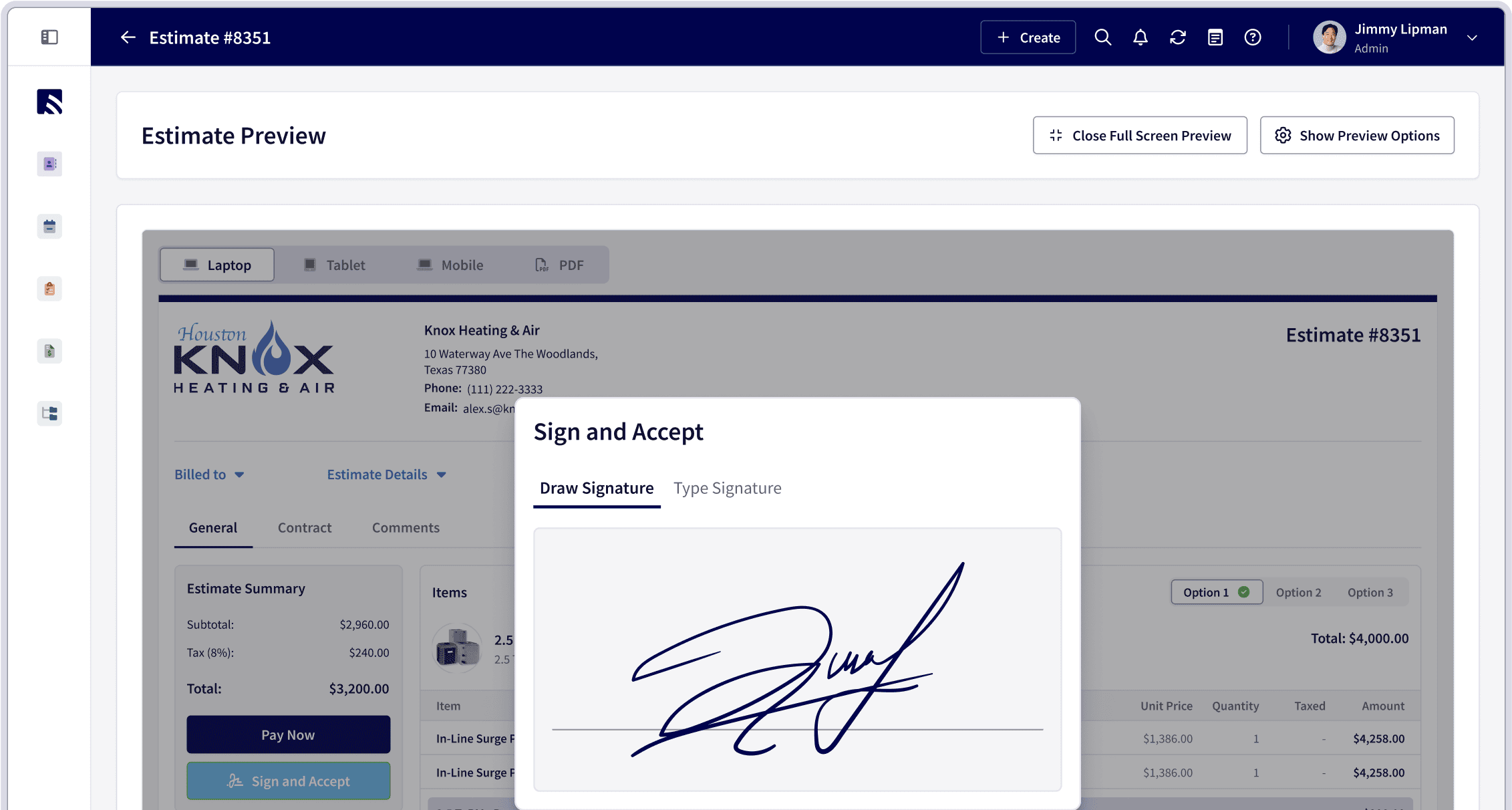 A screenshot of FieldPulse showing a binding customer signature. Collect signatures on estimates and invoices directly from the FieldPulse platform.