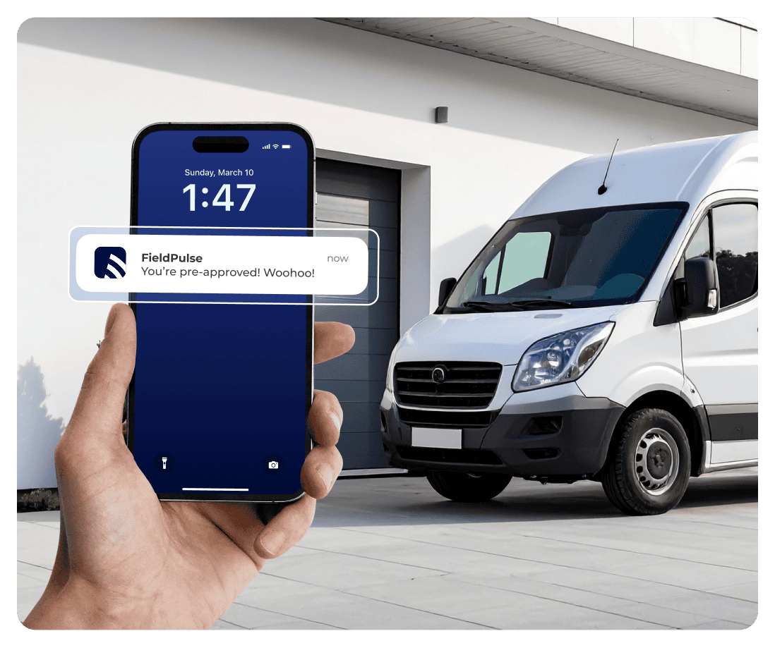 A phone showing that the owner is pre-approved for a loan while standing in front of a new service vehicle.