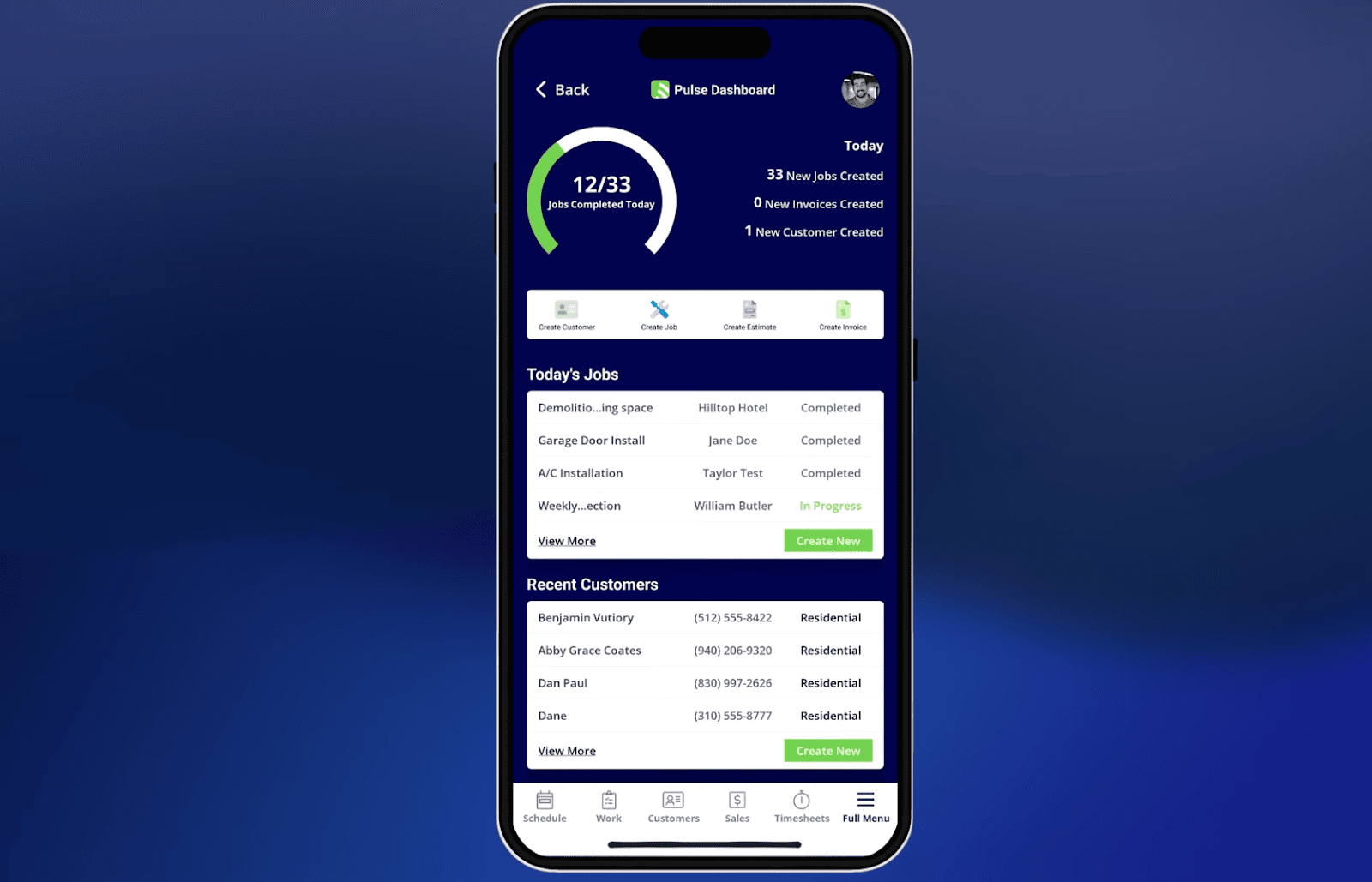 FieldPulse Dashboard on Mobile