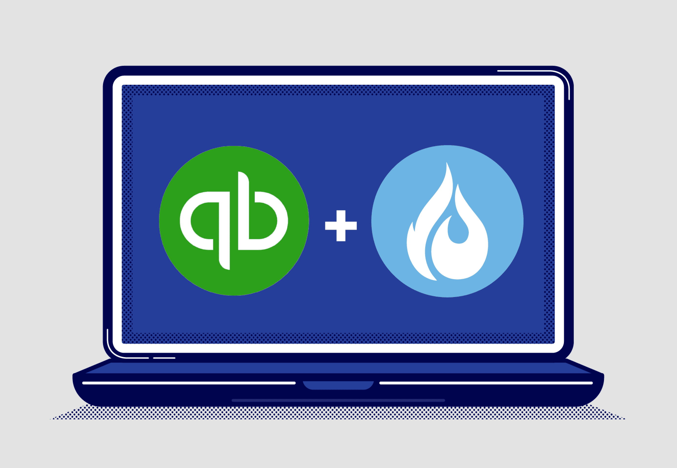 Computer illustration showing the quickbooks logo with a fire icon representing hvac software compatible with quickbooks