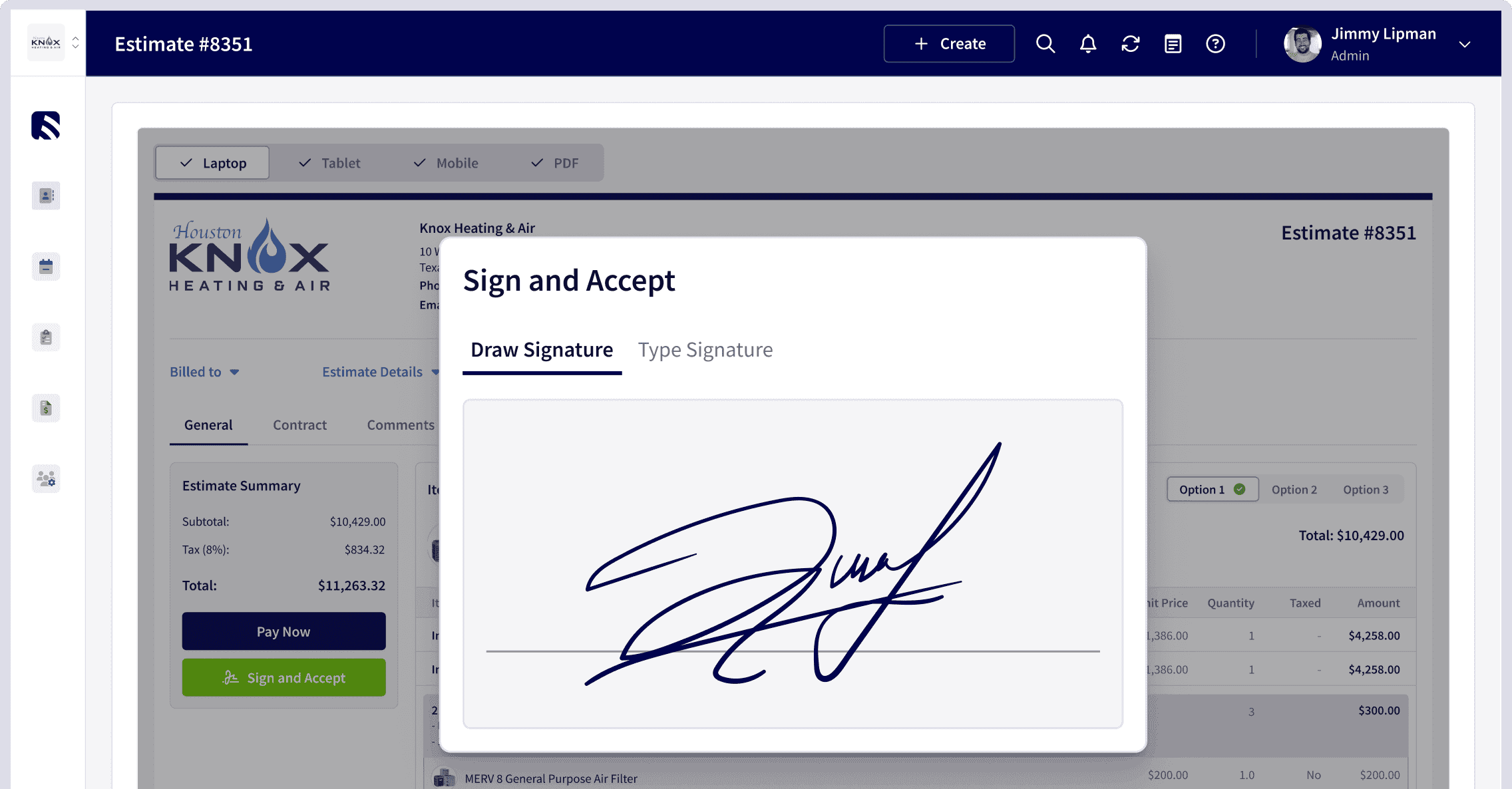 A screenshot of FieldPulse showing a binding customer signature. Collect signatures on estimates and invoices directly from the FieldPulse platform.