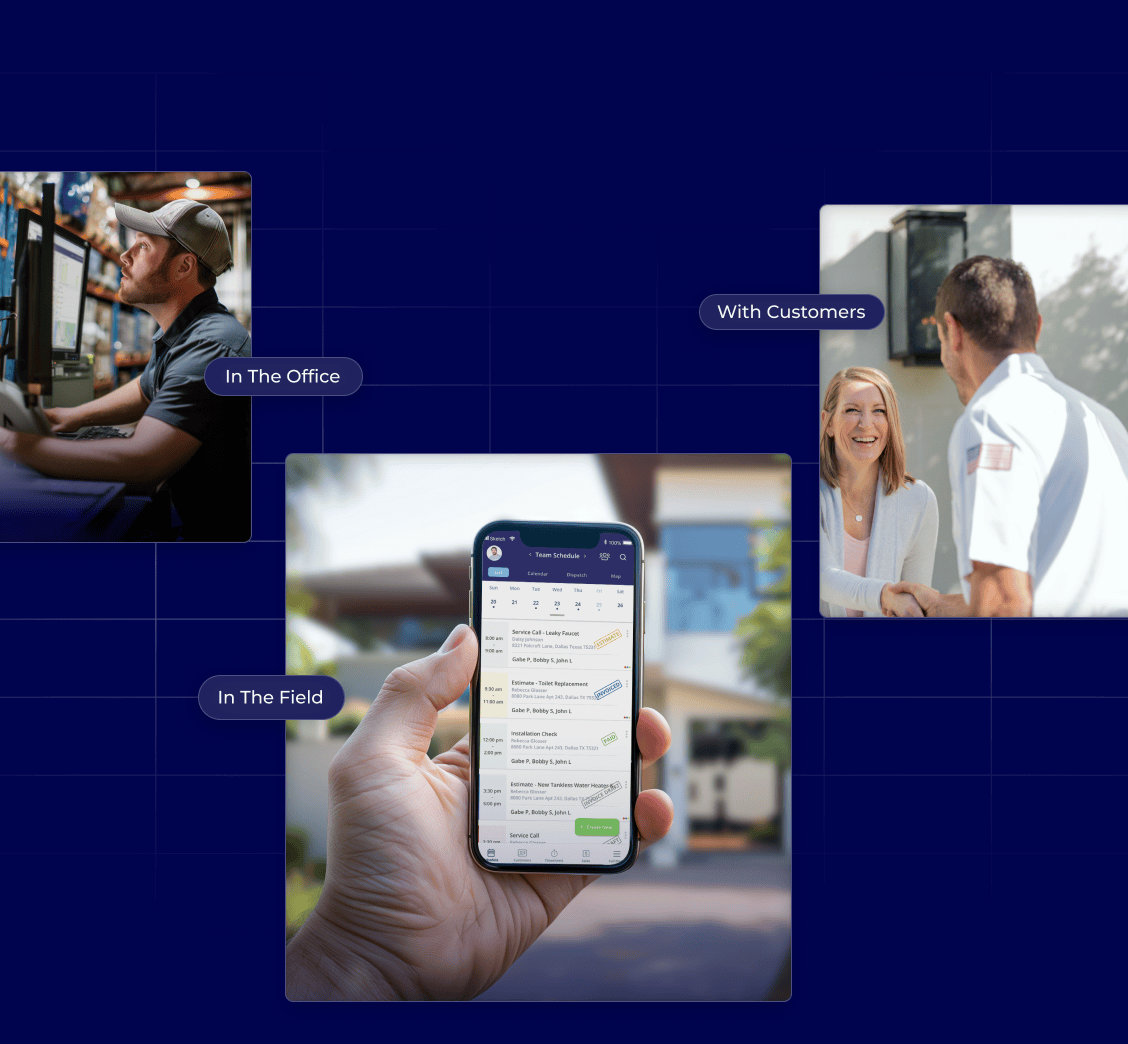 A visually appealing graphic displaying various elements related to field service management. Key components include:  A technician working in a control center with overlay text showing "Clear Office Communication." A mobile phone interface displaying job scheduling and status updates feature in FieldPulse. A field service worker interacting with a happy customer, representing customer satisfaction. A FieldPulse performance dashboard with team member names and percentages, illustrating efficiency metrics. A collection of awards that FieldPulse has received at the bottom right, displaying the high quality of the platform and customer service that FieldPulse offers. The overall layout uses a grid-like structure on a dark blue background, emphasizing connectivity and organization.